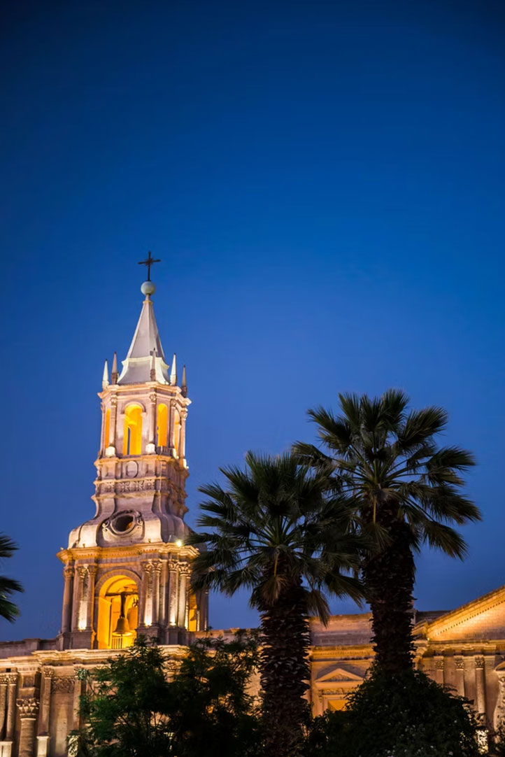 Arequipa Cathedral illuminated at night in the historic city center