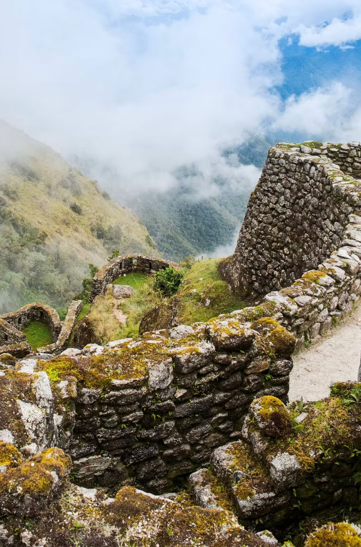 Inca stone terraces and walls along the Camino Inca in Peru