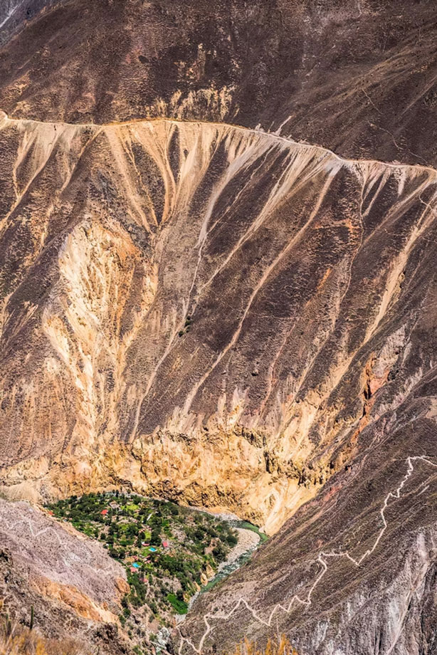 Remote oasis village nestled deep inside the Colca Canyon in southern Peru