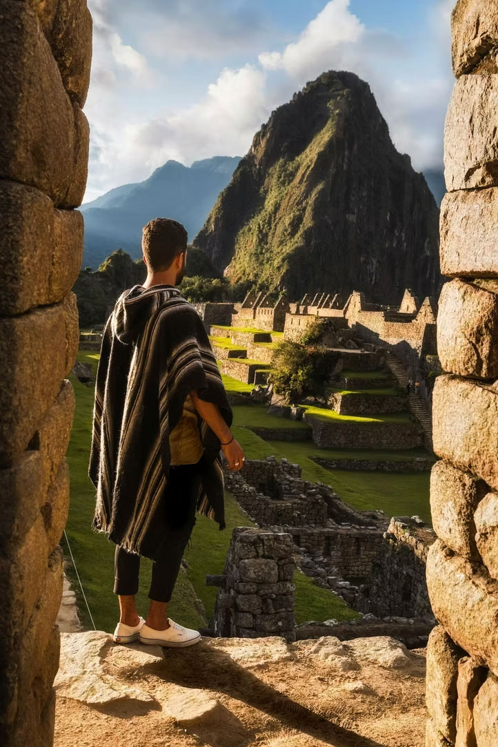 Traveler overlooking Machu Picchu through an ancient stone doorway